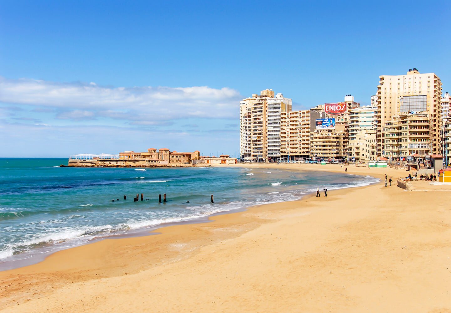 Alexandria, Egypt, 21 February 2018: Beach And Buildings