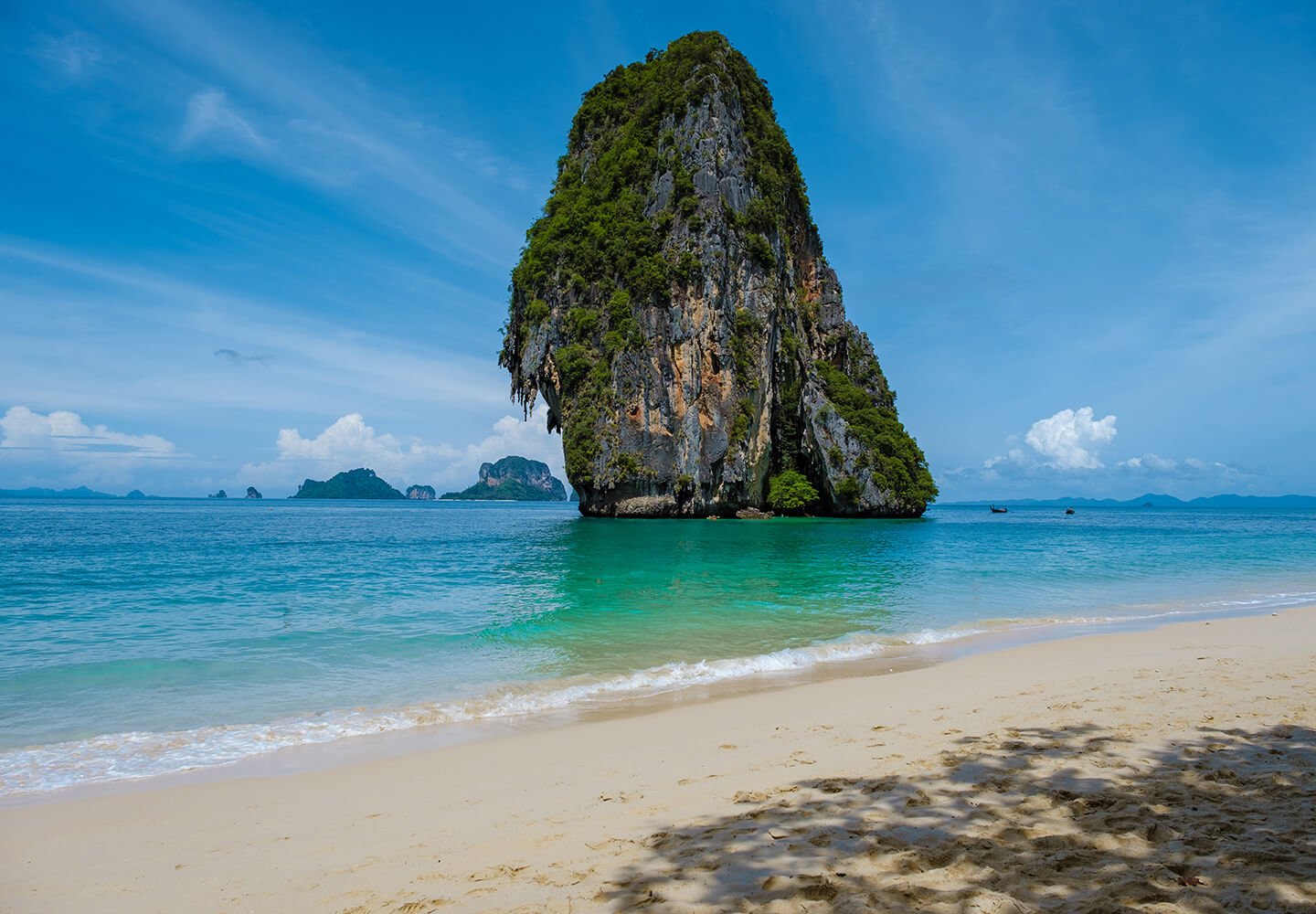 Railay Beach Krabi Thailand, Tropical Beach Of Railay Krabi, Panoramic View Of Idyllic Railay Beach In Thailand With A Traditional Long Boat