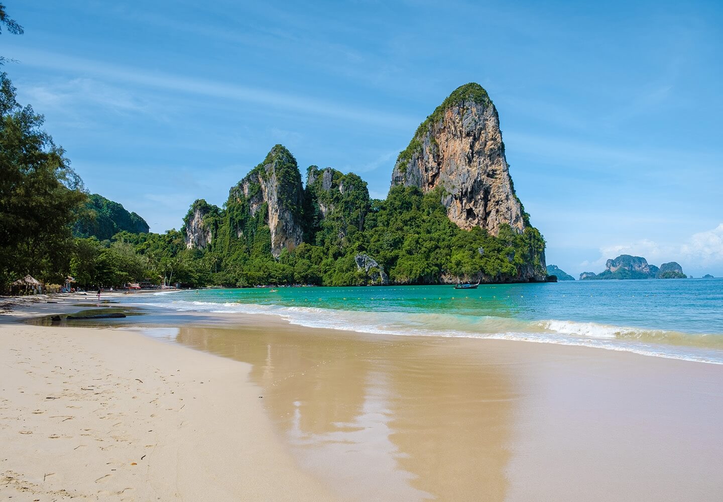 Railay Beach Krabi Thailand, Tropical Beach Of Railay Krabi, Panoramic View Of Idyllic Railay Beach In Thailand With A Traditional Long Boat